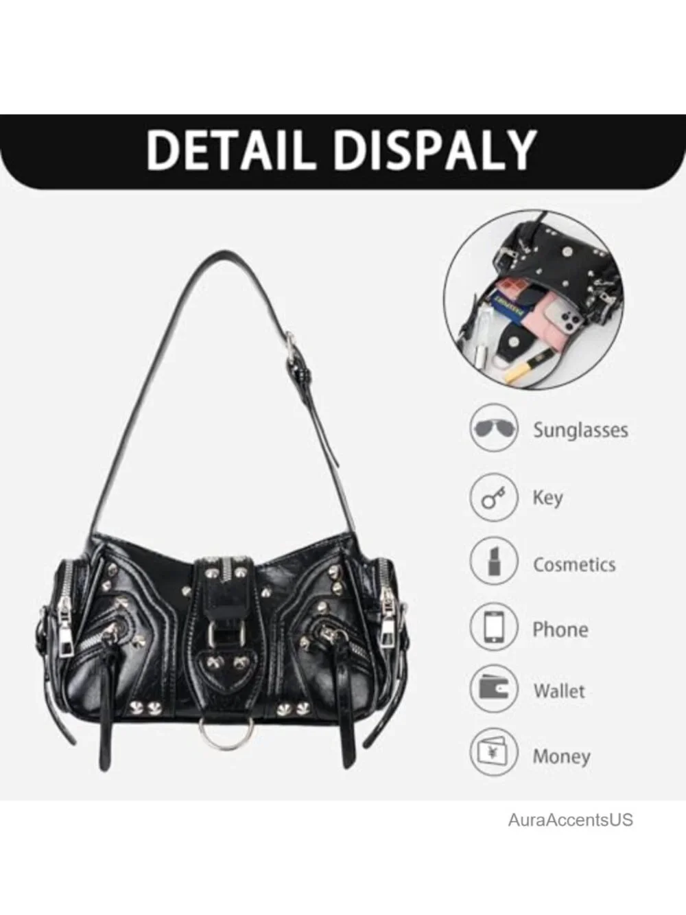 Y2K Studded Hobo Shoulder Bag Faux Leather Zipper Closure